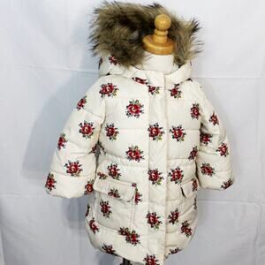 Baby Gap Floral Puffer Fur Hooded Coat 18-24 Months